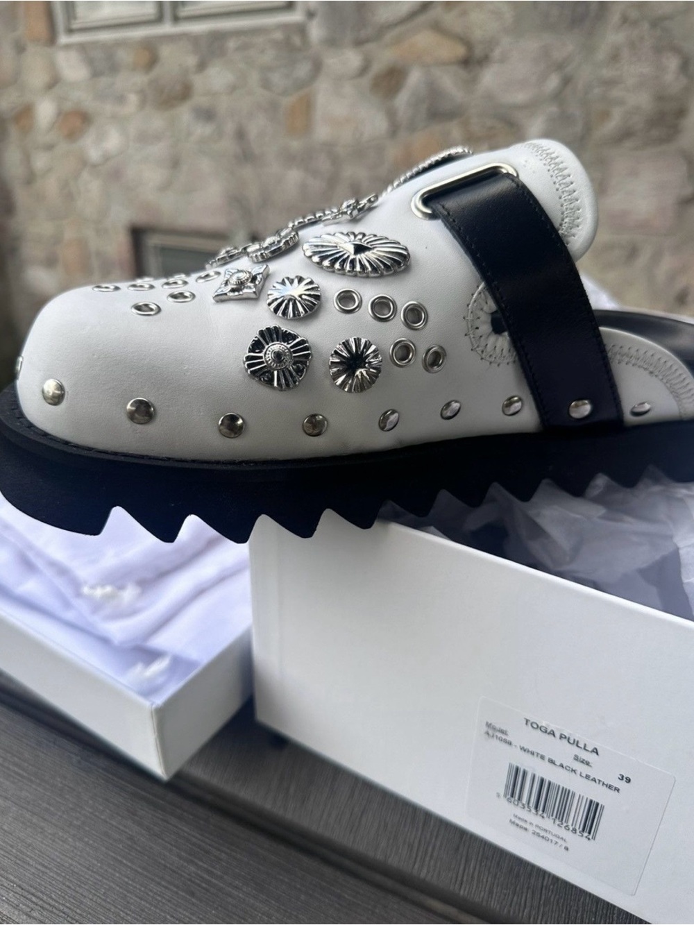 TOGA Pulla White Leather Studded Clog with Black Strap